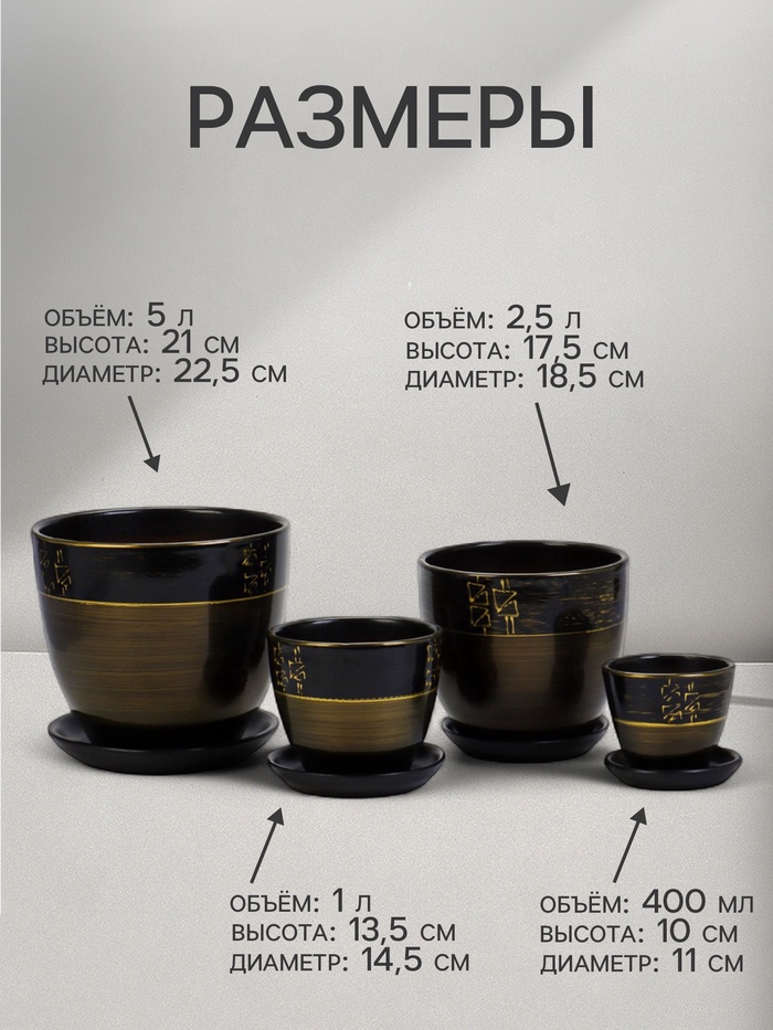 Горшок для цветов «Мираж», керамика, с поддоном, набор 4 шт.: 400 мл, 1 л, 2.5 л, 5 л