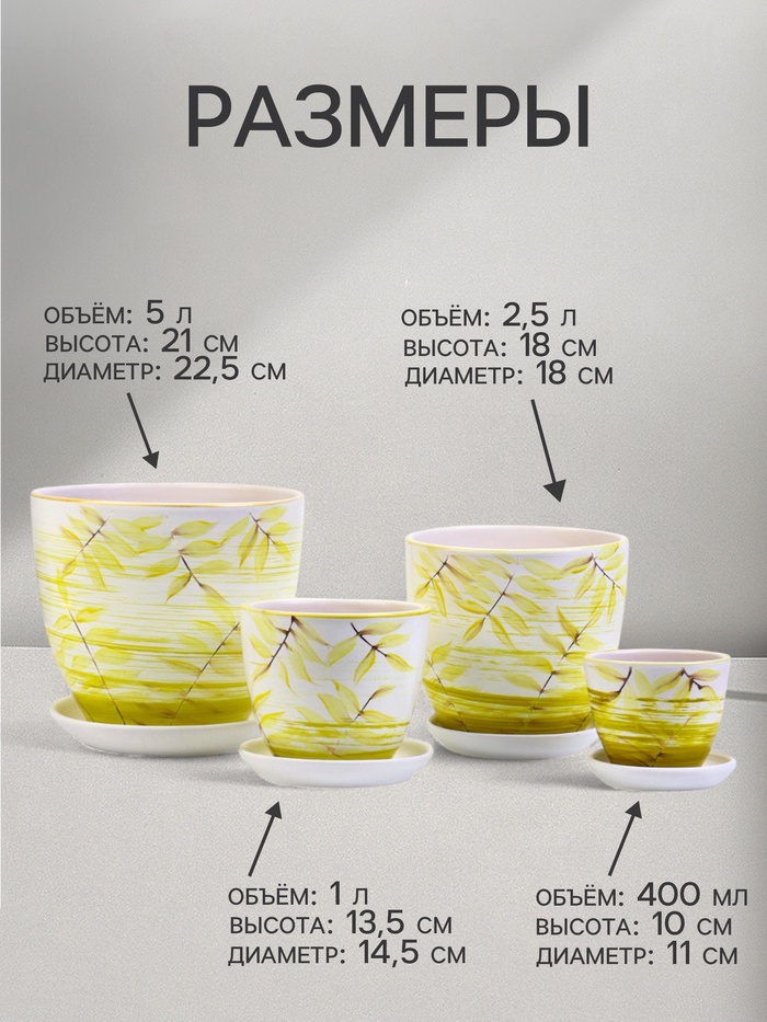 Горшок для цветов «Тропики», керамика, с поддоном, набор 4 шт.: 400 мл, 1 л, 2.5 л, 5 л