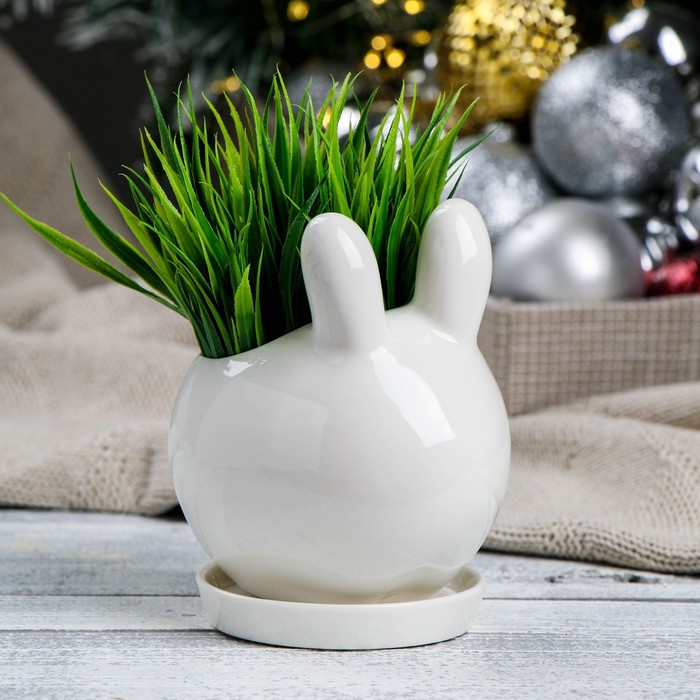 Декоративный горшок для цветов «Зайчик», 200 мл, 9.7×7.7×5.9 см, керамический, с поддоном, белый