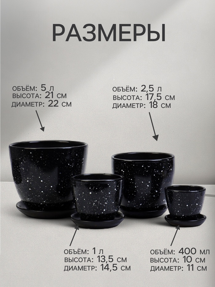 Горшок для цветов «Гранит», керамика, с поддоном, набор 4 шт.: 400 мл, 1 л, 2.5 л, 5 л