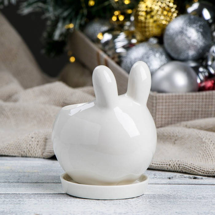 Декоративный горшок для цветов «Зайчик», 200 мл, 9.7×7.7×5.9 см, керамический, с поддоном, белый