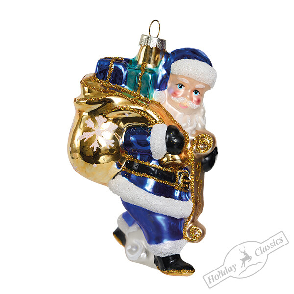Санта с мешком подарков сине-золотой (стекло) 9х7,5х13,5 см