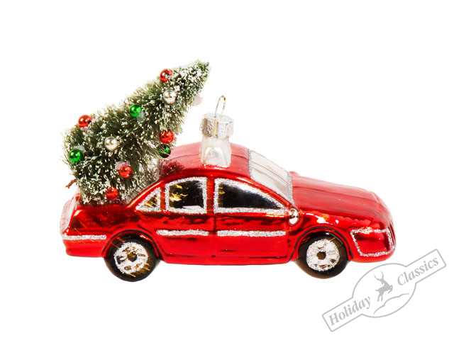 Автомобиль красный с рождественской елочкой (стекло) 13х8 см