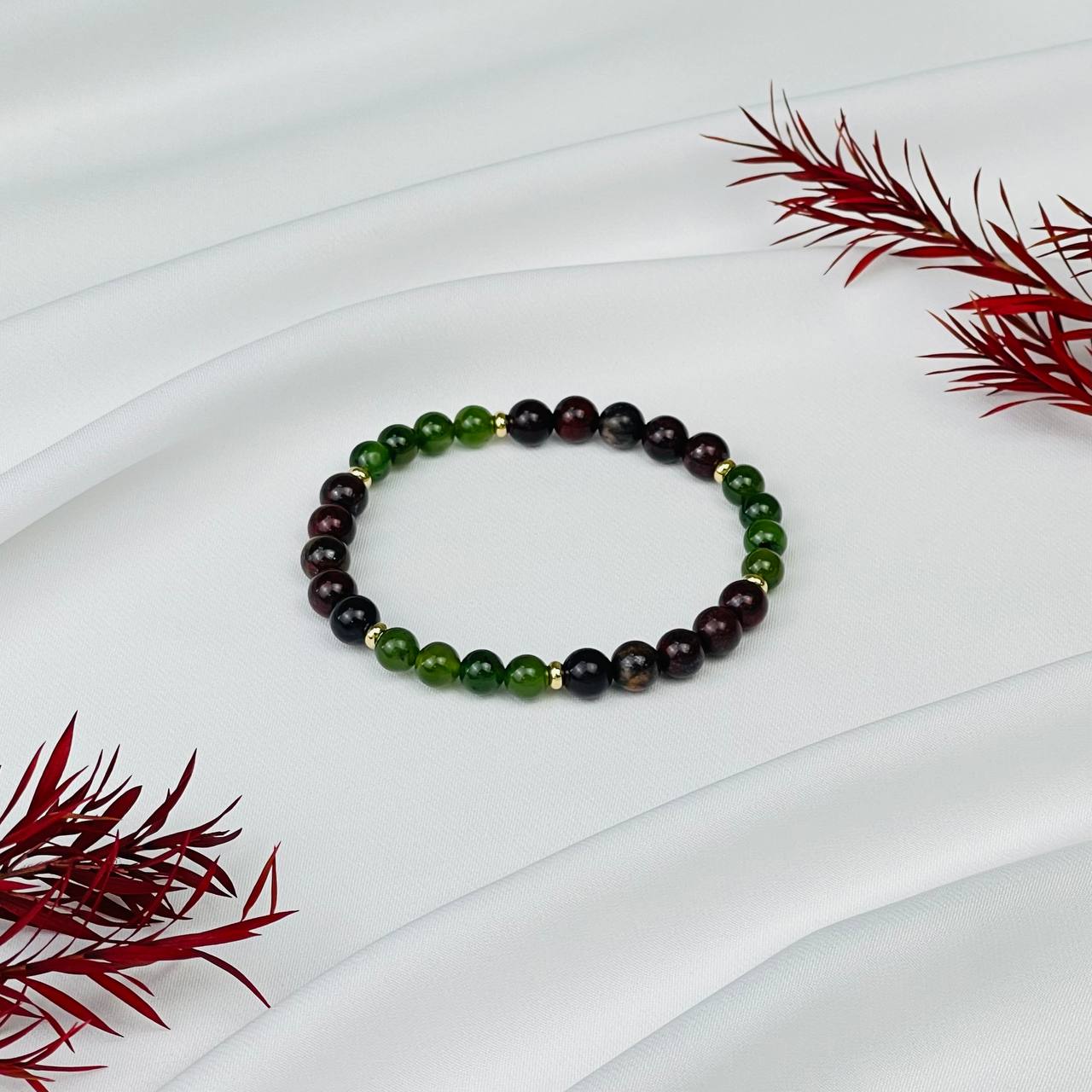 Радуга Самоцветов Браслет из Нефрита и Яшмы (Кровавик)