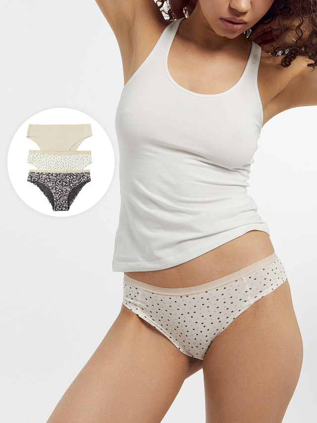 Трусы женские слипы мультипак (3 шт.) молочно-бежевые в горошек