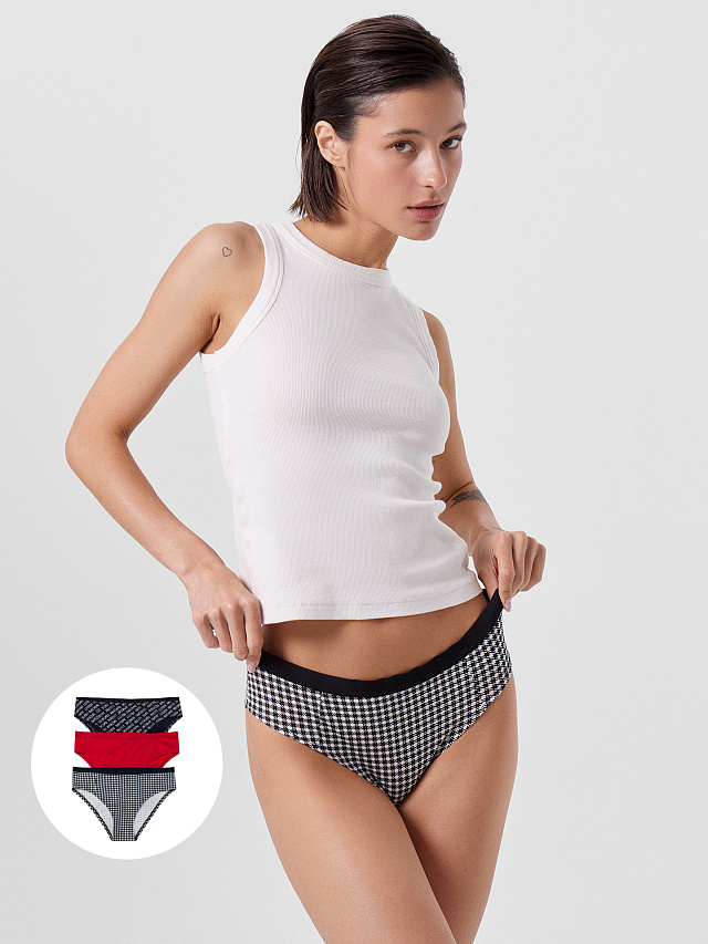 Трусы женские слипы мультипак (3 шт.) белые в черную клеточку