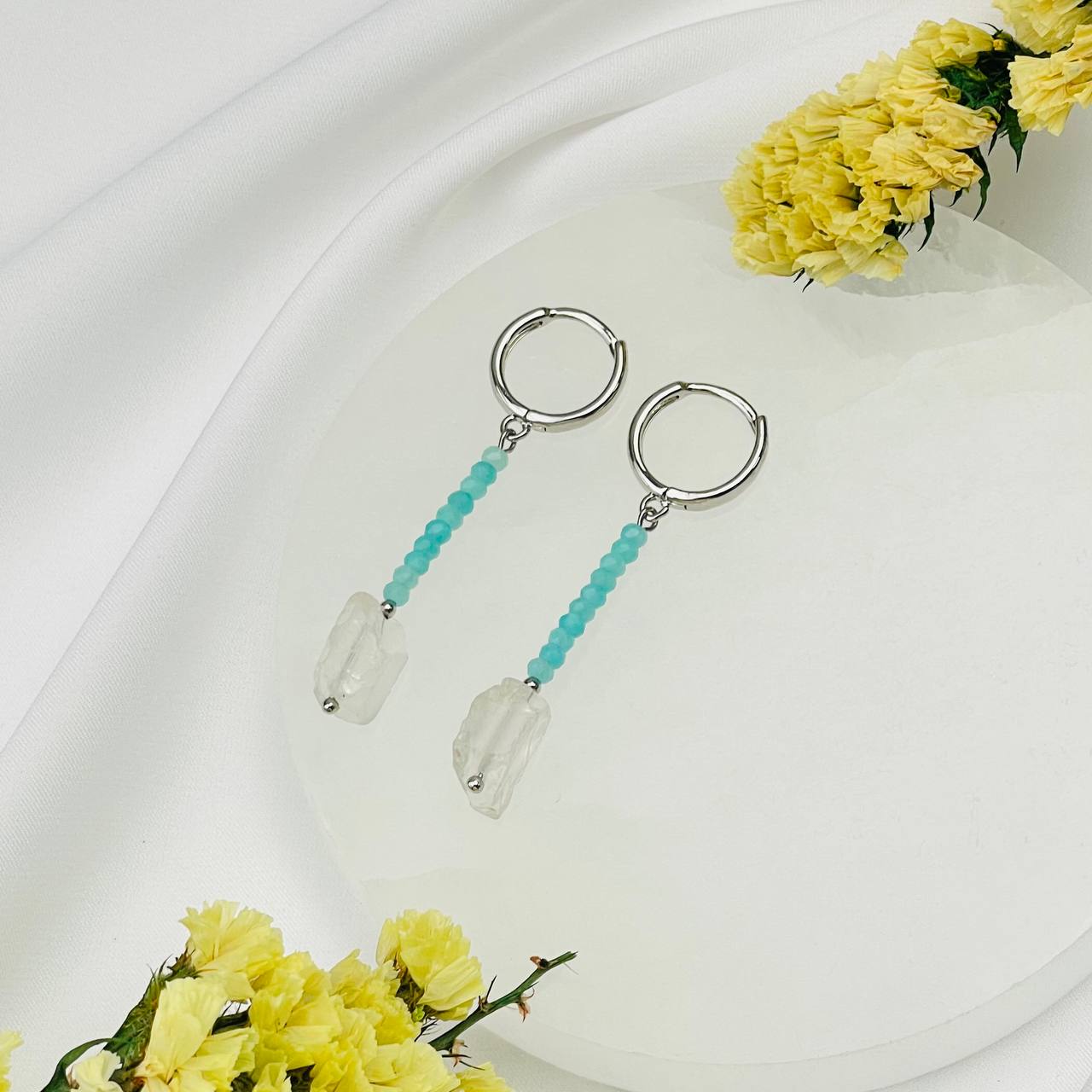 Радуга Самоцветов Серьги длинные из Амазонита и Горного Хрусталя