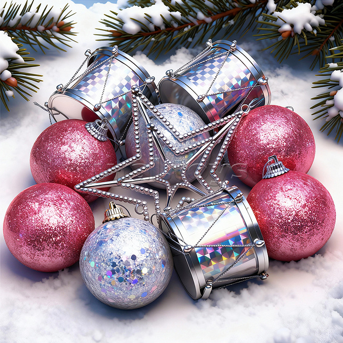 Набор новогодних украшений розовые с блёстками (5см)