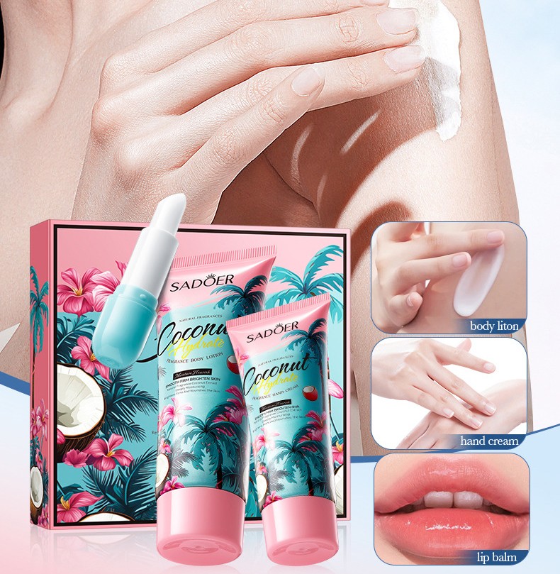Набор подарочный с Кокосом Sadoer, Крем для тела + Крем для рук + Бальзам для губ