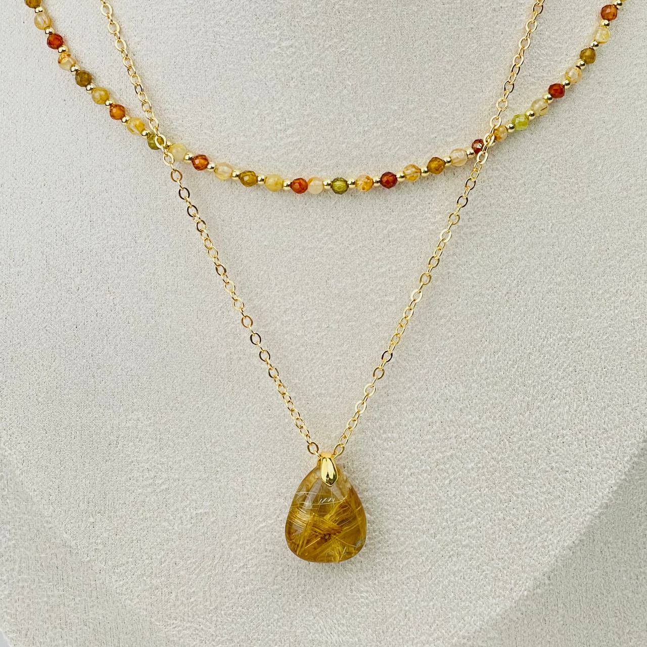 Радуга Самоцветов Колье двойное из Граната (Спессартин), Рутилового кварца и Хризолита