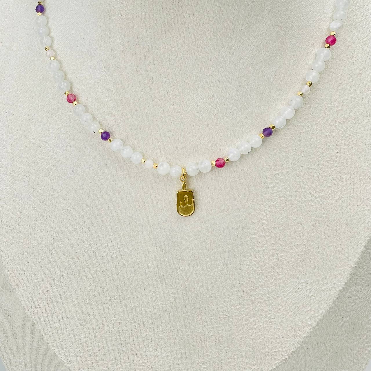 Радуга Самоцветов Бусы детские из Лунного камня, Аметиста, Розового кварца и Турмалина