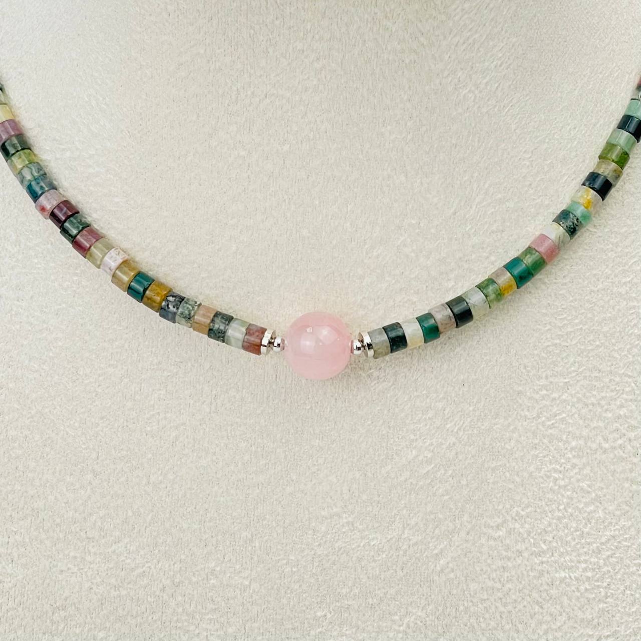 Радуга Самоцветов Чокер из Мохового агата и Розового кварца