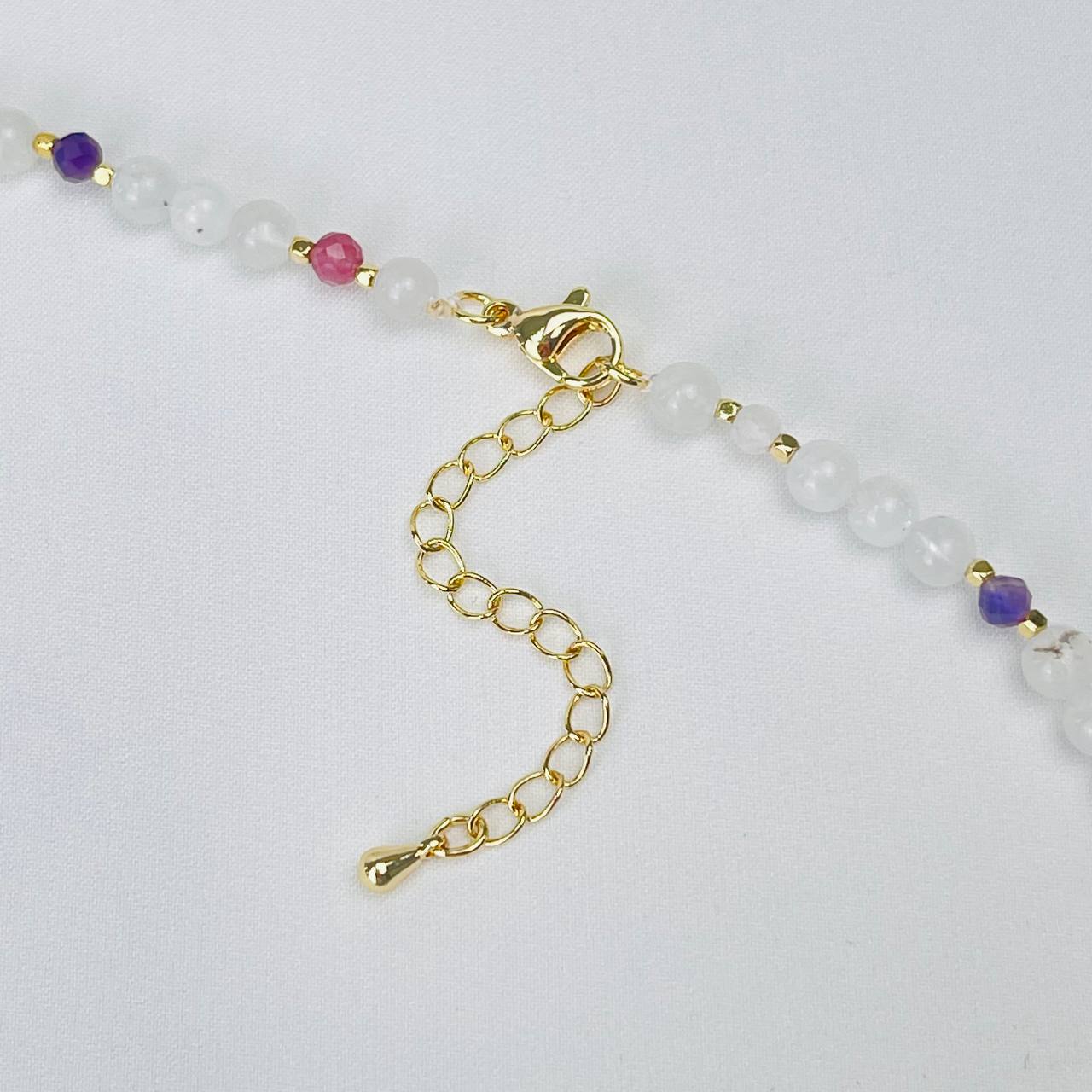 Радуга Самоцветов Бусы детские из Лунного камня, Аметиста, Розового кварца и Турмалина