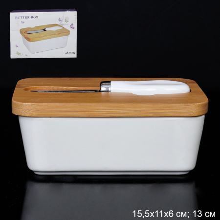 Масленка и нож 15,5 х11 см / JA7165 /уп 24/ на деревянной подставке