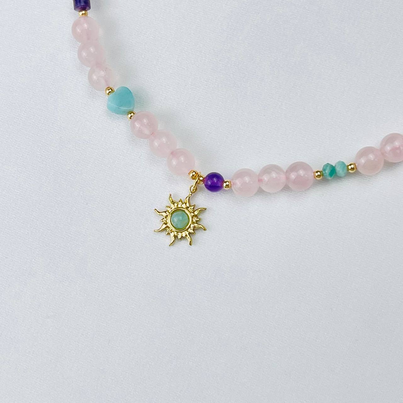 Радуга Самоцветов Бусы детские из Розового кварца, Аметиста и Амазонита с подвеской