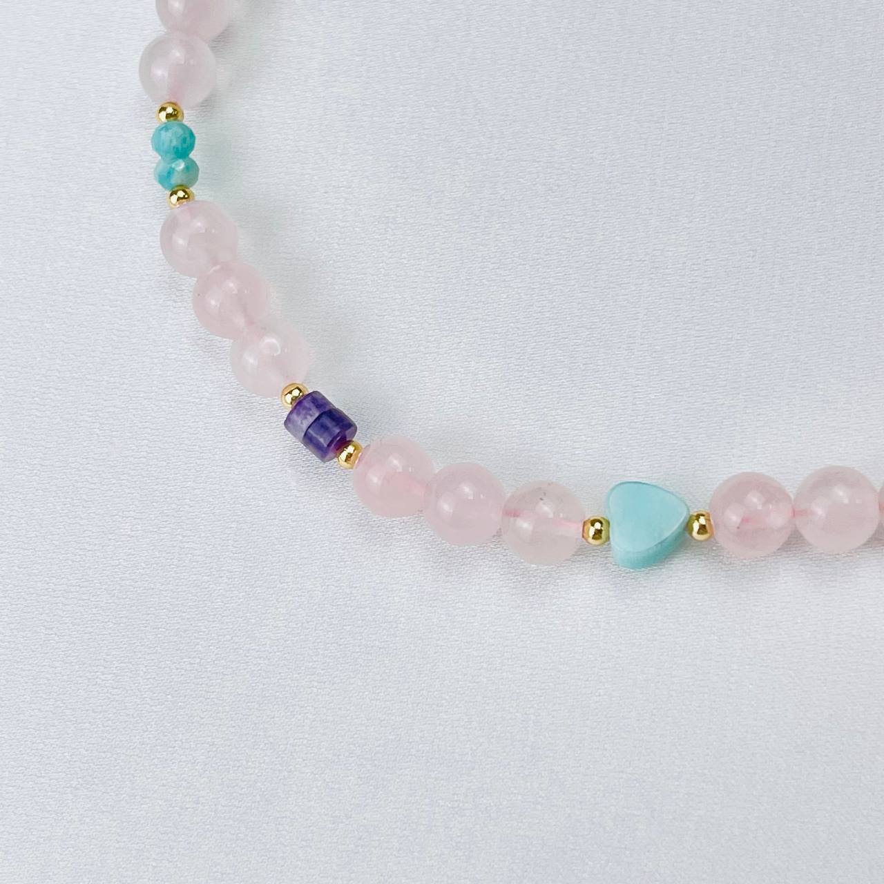 Радуга Самоцветов Бусы детские из Розового кварца, Аметиста и Амазонита с подвеской