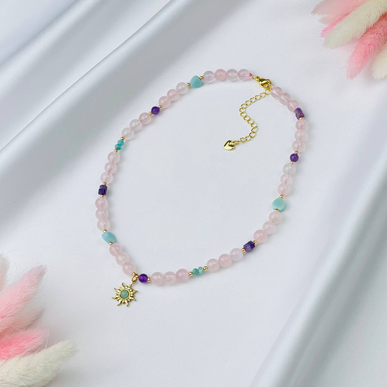 Радуга Самоцветов Бусы детские из Розового кварца, Аметиста и Амазонита с подвеской