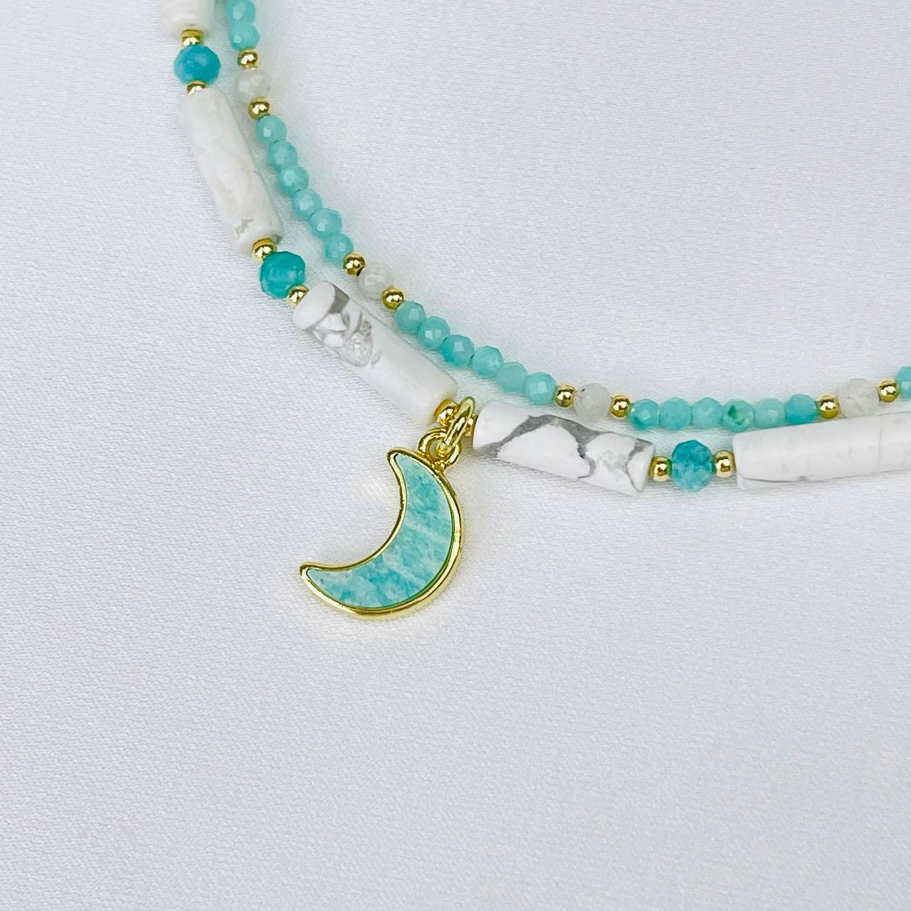 Радуга Самоцветов Колье двойное из Амазонита, Говлита и Лунного камня