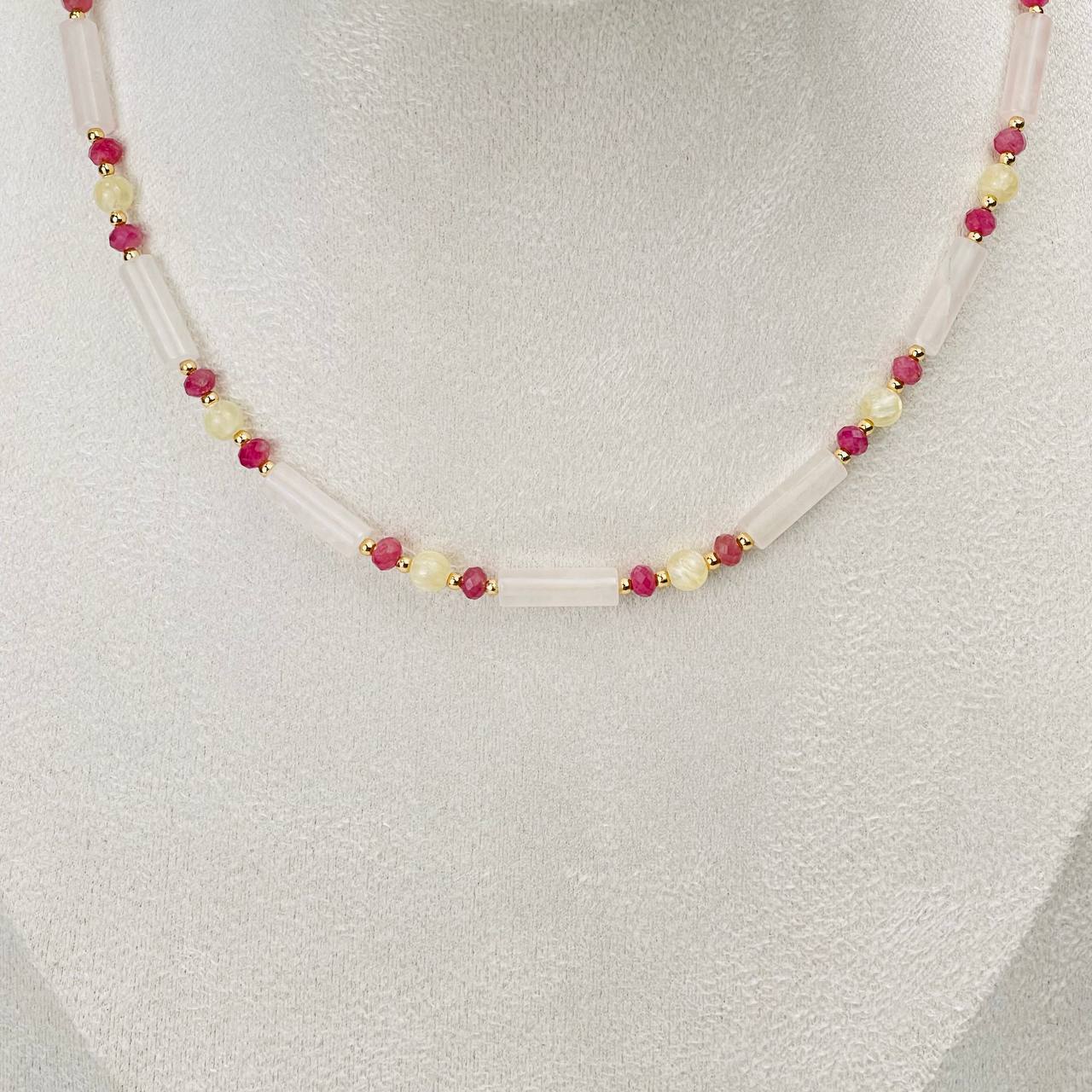 Радуга Самоцветов Колье из Розового кварца, Селенита и Турмалина