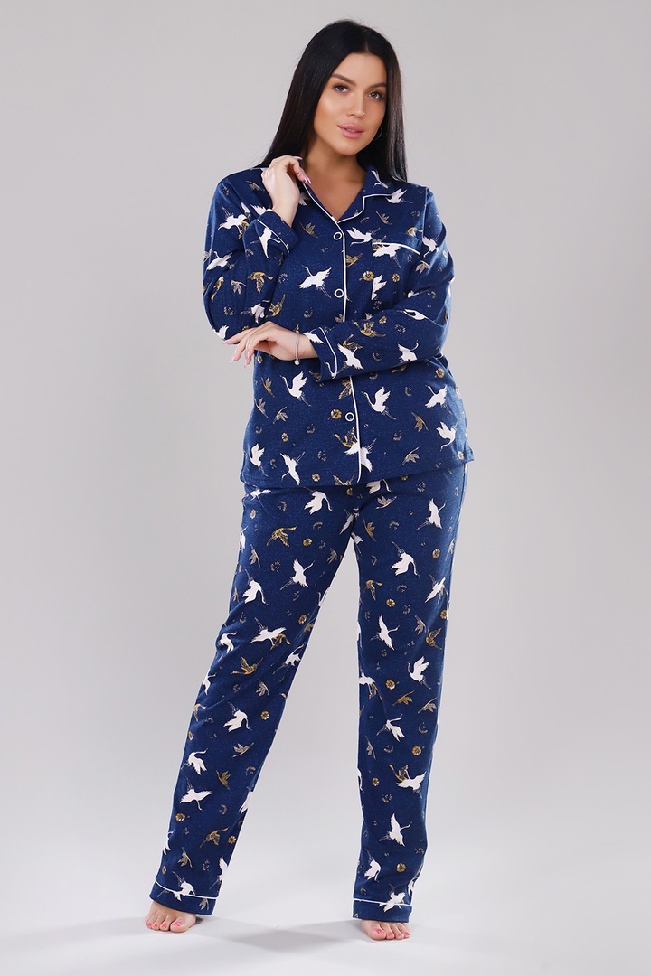 Пижамный костюм с брюками - Журавли - 907 - т. синий