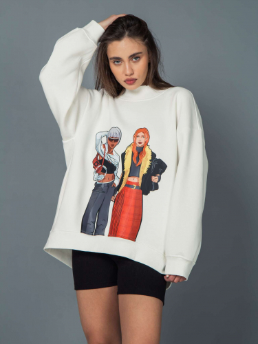 Свитшот женский оверсайз с принтом fashion girls молочный