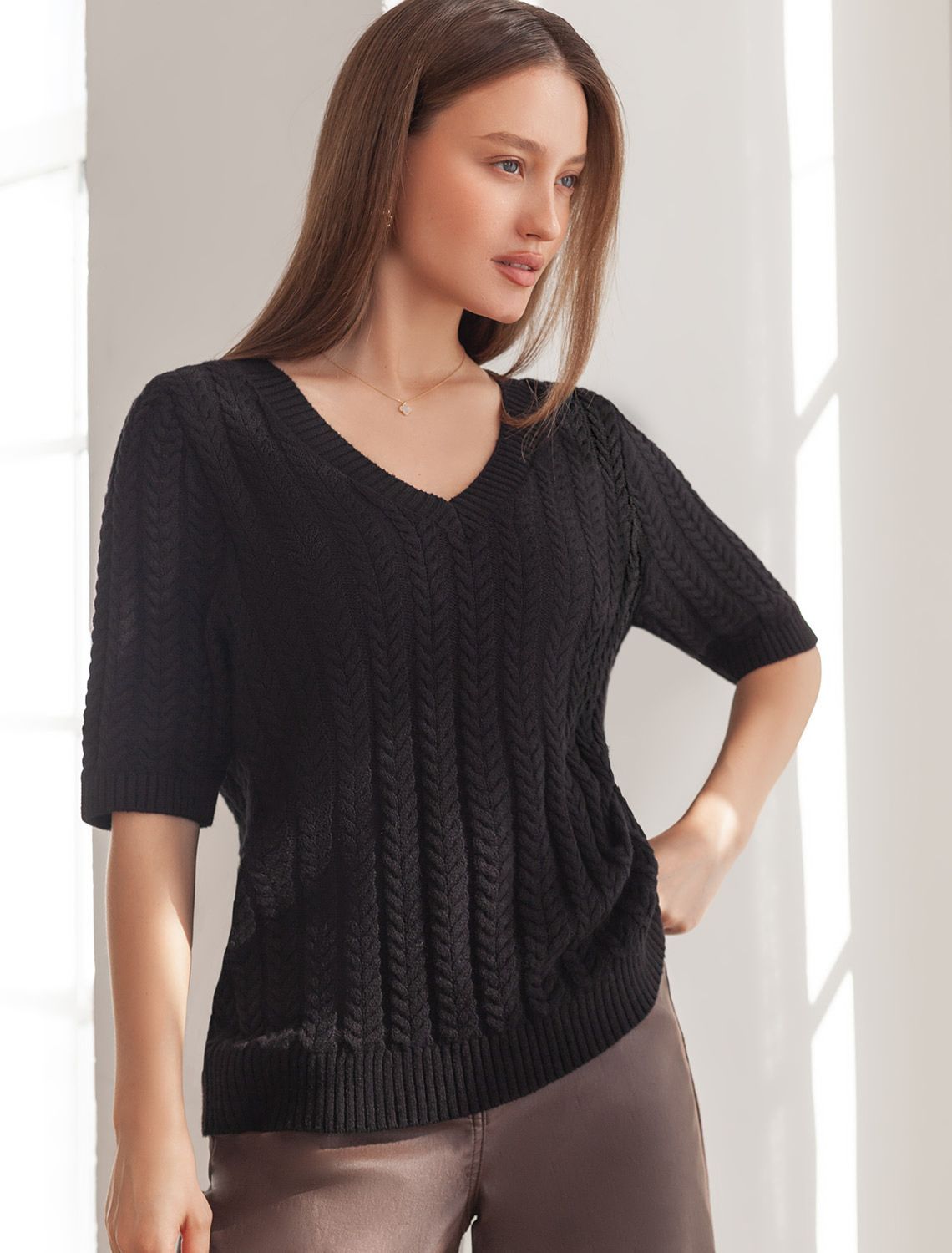 Джемпер фактурной вязки из хлопка с кашемиром