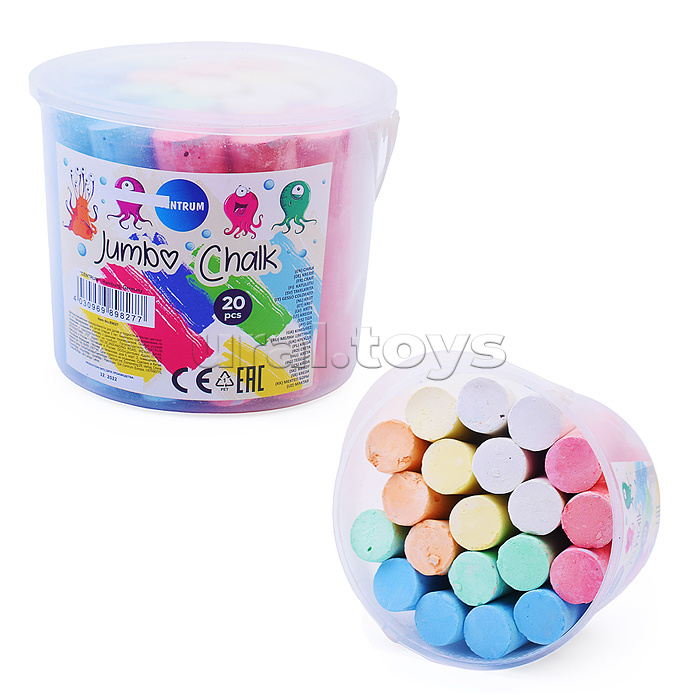 Мел цветной 20 шт. JUMBO, для асфальта длина 105мм, диам. 25 мм в пластиковом ведре