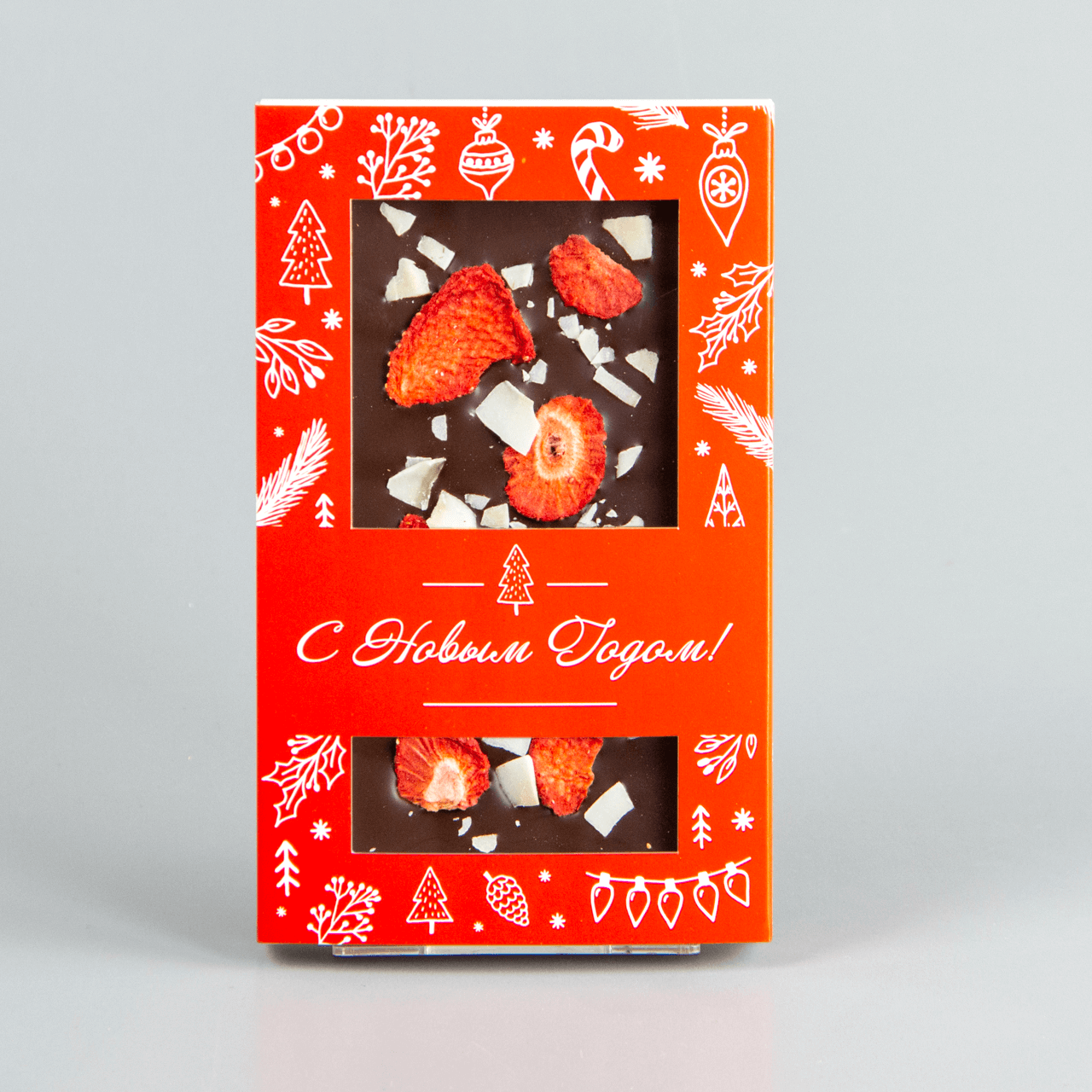 NEW! Тёмный шоколад с клубникой и кокосом, красная коробочка #25