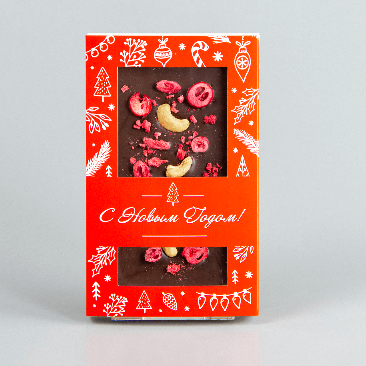 NEW! Тёмный шоколад с клюквой, малиной и жаренным кешью, красная коробочка #26
