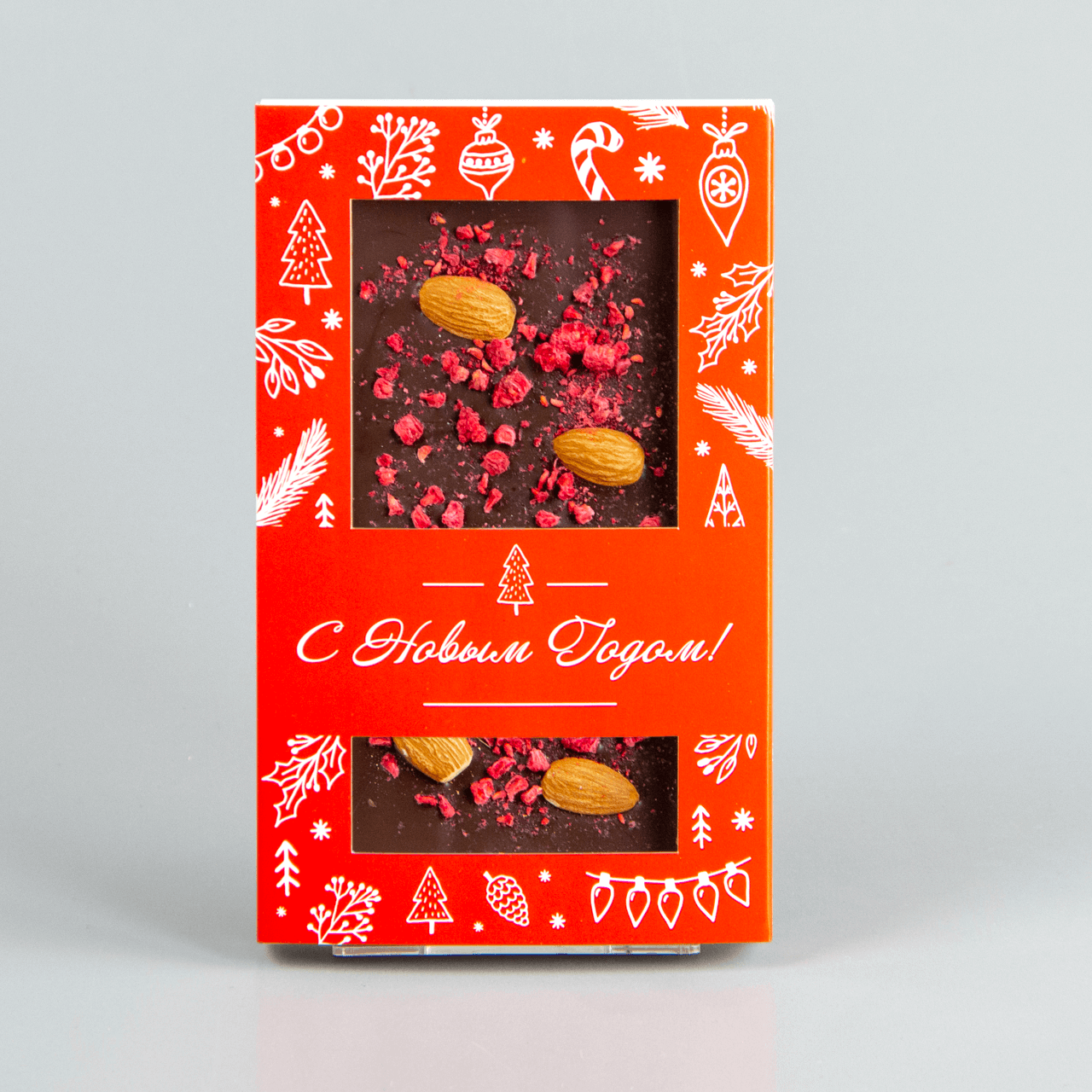 NEW! Тёмный шоколад с малиной и мидалём, красная коробочка #29
