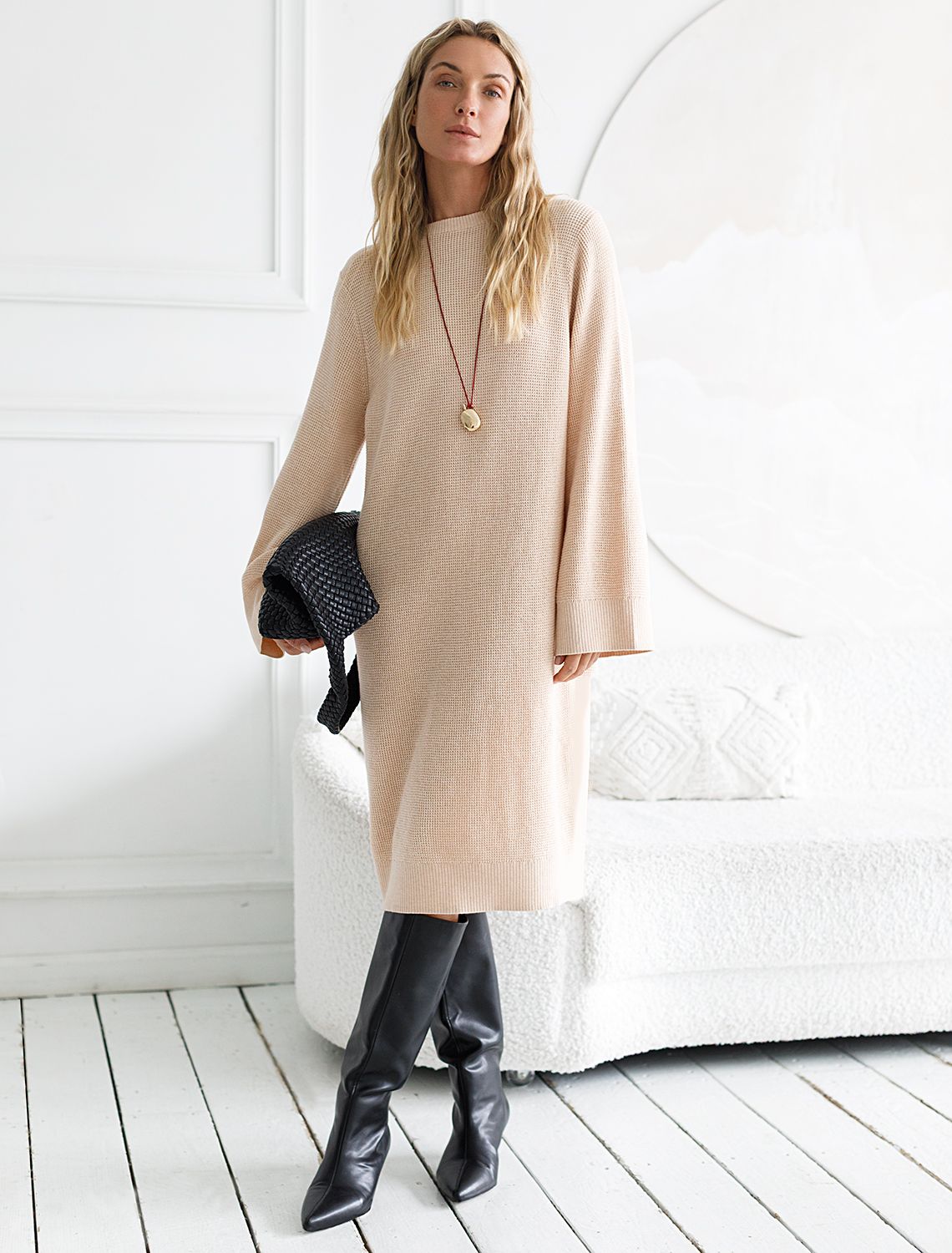 Ст.цена 2590р Платье фактурной вязки из хлопка с кашемиром D32.105 бежевый меланж