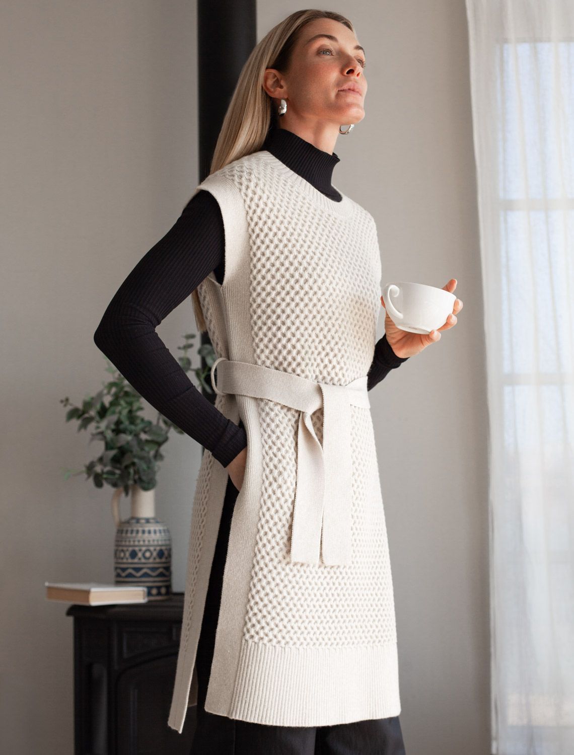 Ст.цена 2590р Удлиненный жилет из пряжи с кашемиром D37.018 овсяный меланж