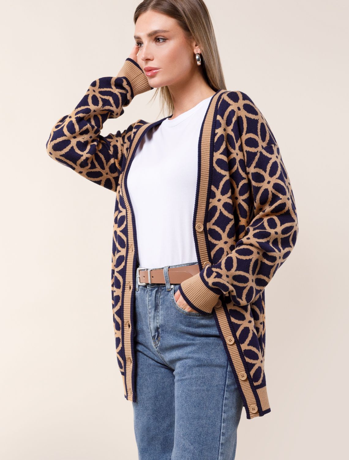 Ст.цена 3190р Кардиган жаккардовой вязки с кашемиром D31.130 синий-бежевый