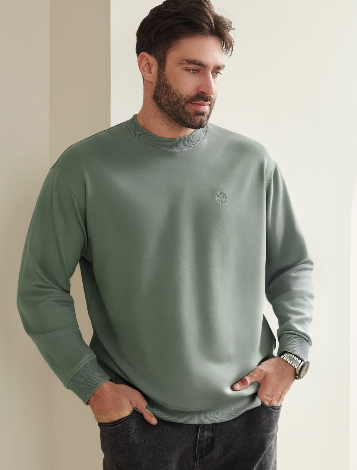 Ст.цена 1990р Джемпер из тонкого премиального футера с эластаном U49.067 св.оливковый