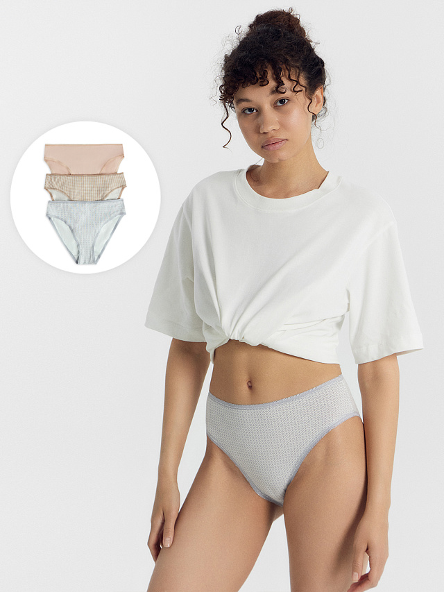 Трусы женские классические мультипак (3 шт.) молочно-бежевые с орнаментом