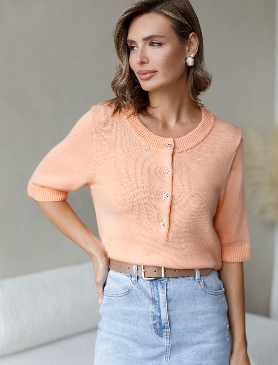 Ст.цена 2090р Джемпер тонкой вязки из хлопка с кашемиром D39.348 персиковый