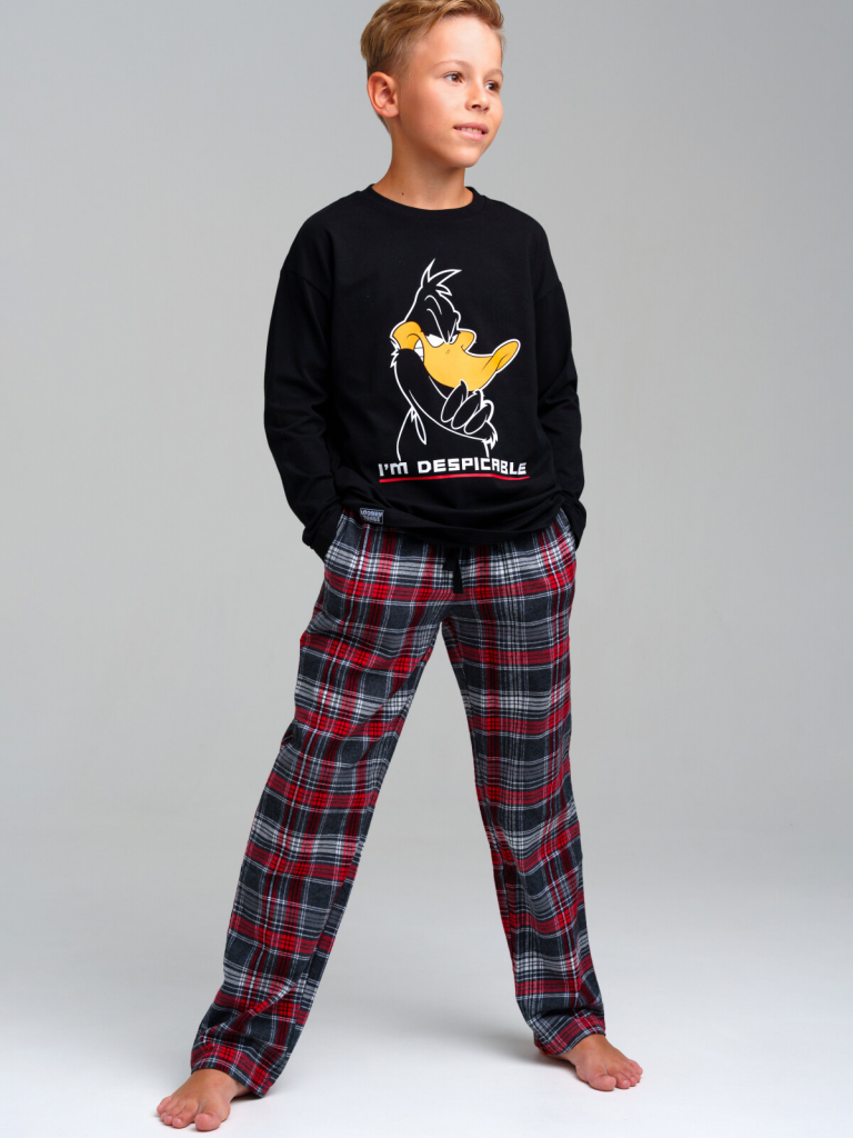 Комплект для мальчиков: брюки текстильные, фуфайка трикотажная (футболка с длинными рукавами) черный,красный,белый 42431002