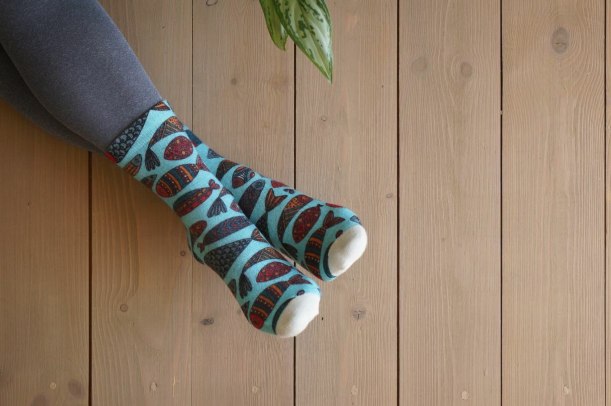 007 Slim Тонкие шерстяные носки Рыба моей мечты на голубом