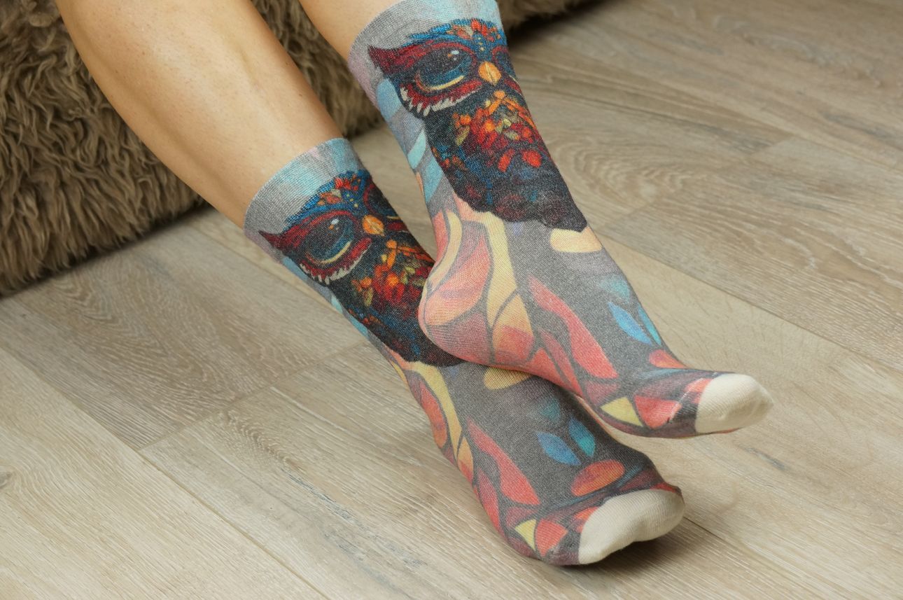 178 Slim Тонкие шерстяные носки. Сова витраж. Непара