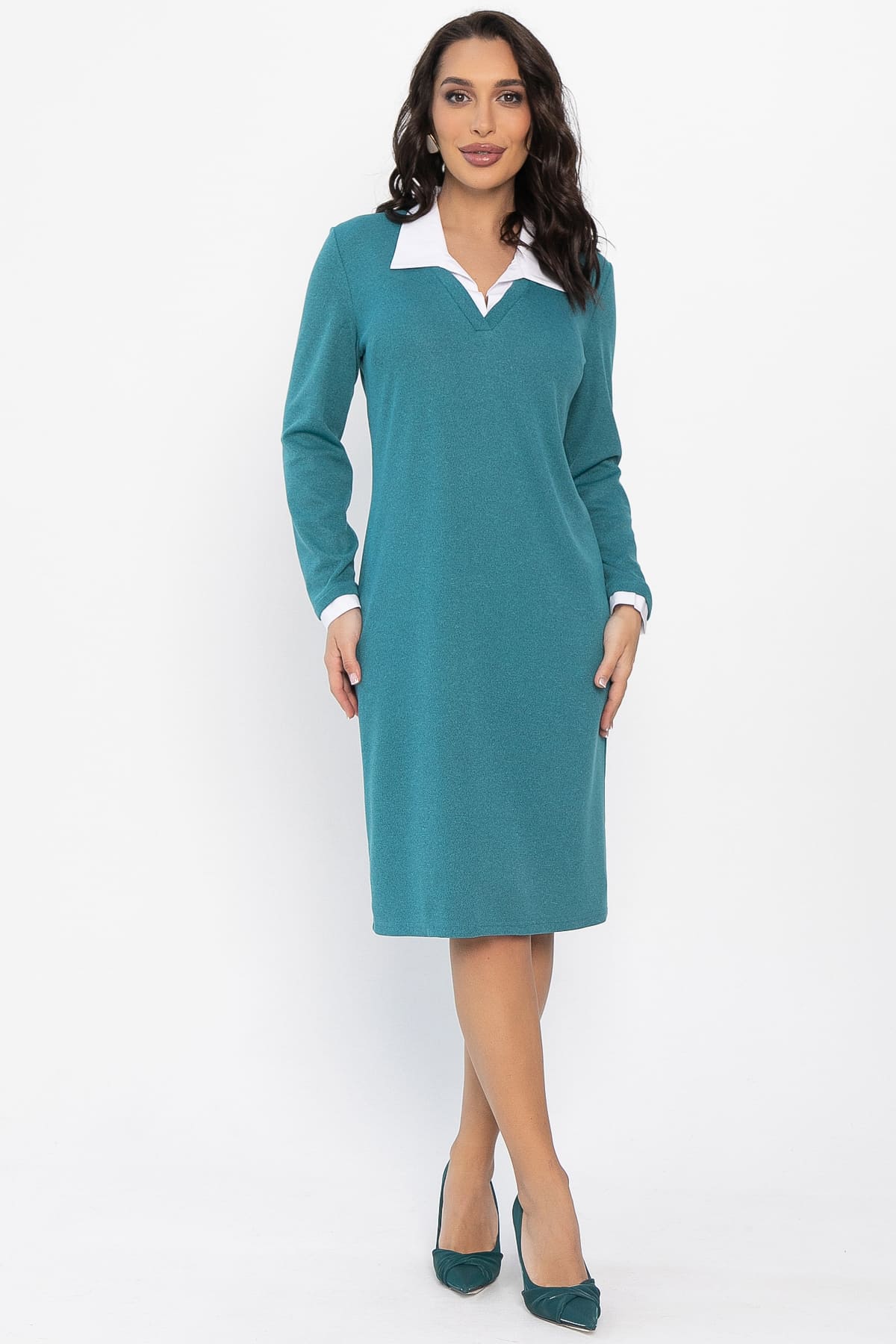 Платье с воротничком Деловой стиль (бирюзовое) П14558-12М