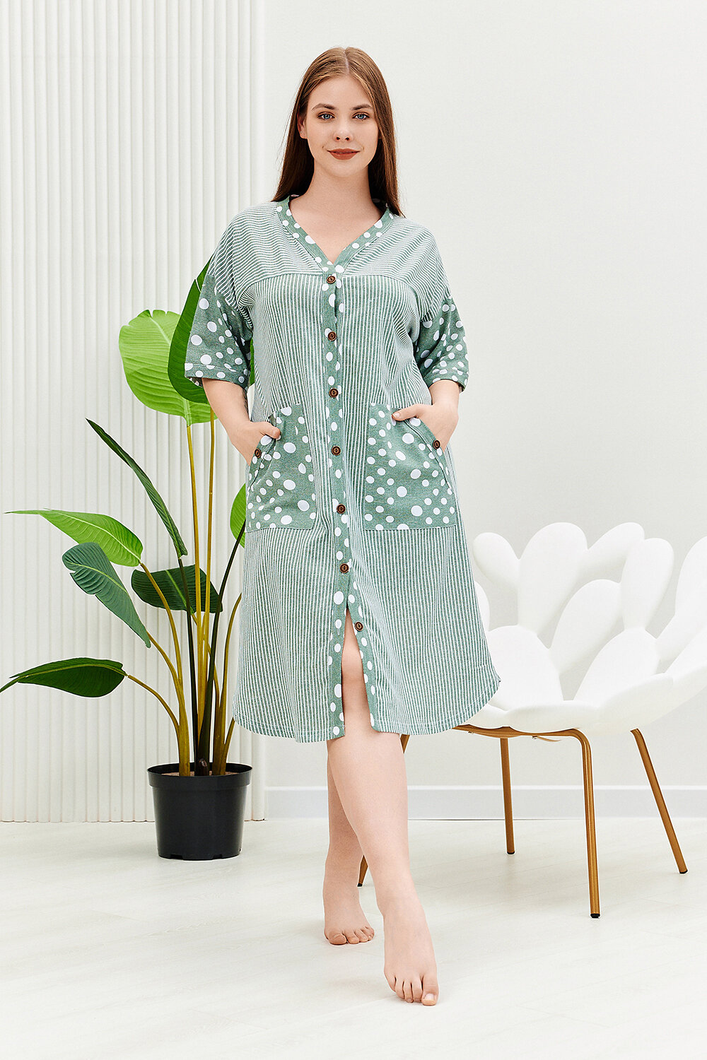 ст. цена1044руб.! Натали Халат 9205полоса горох хаки