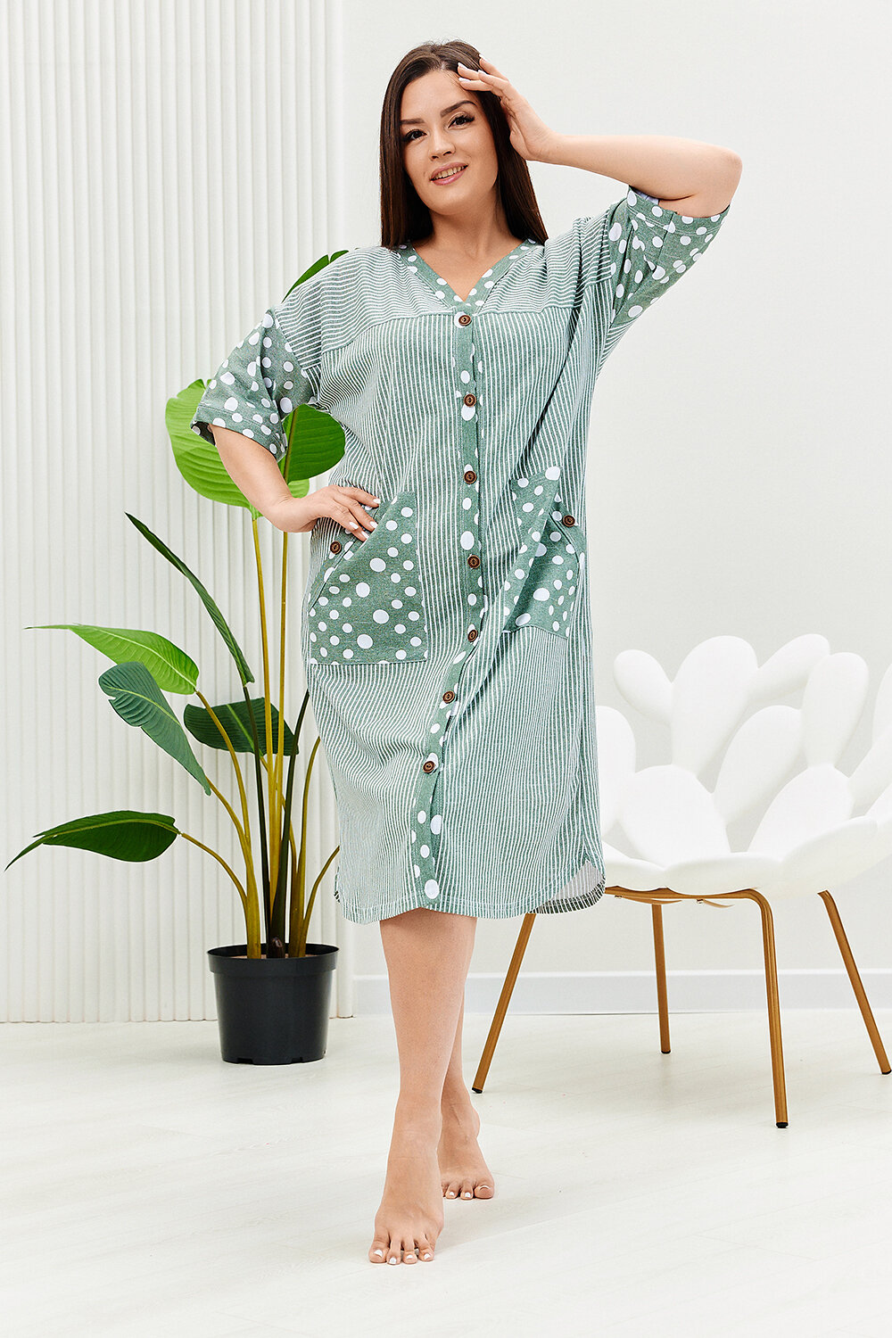 ст. цена1044руб.! Натали Халат 9205полоса горох хаки