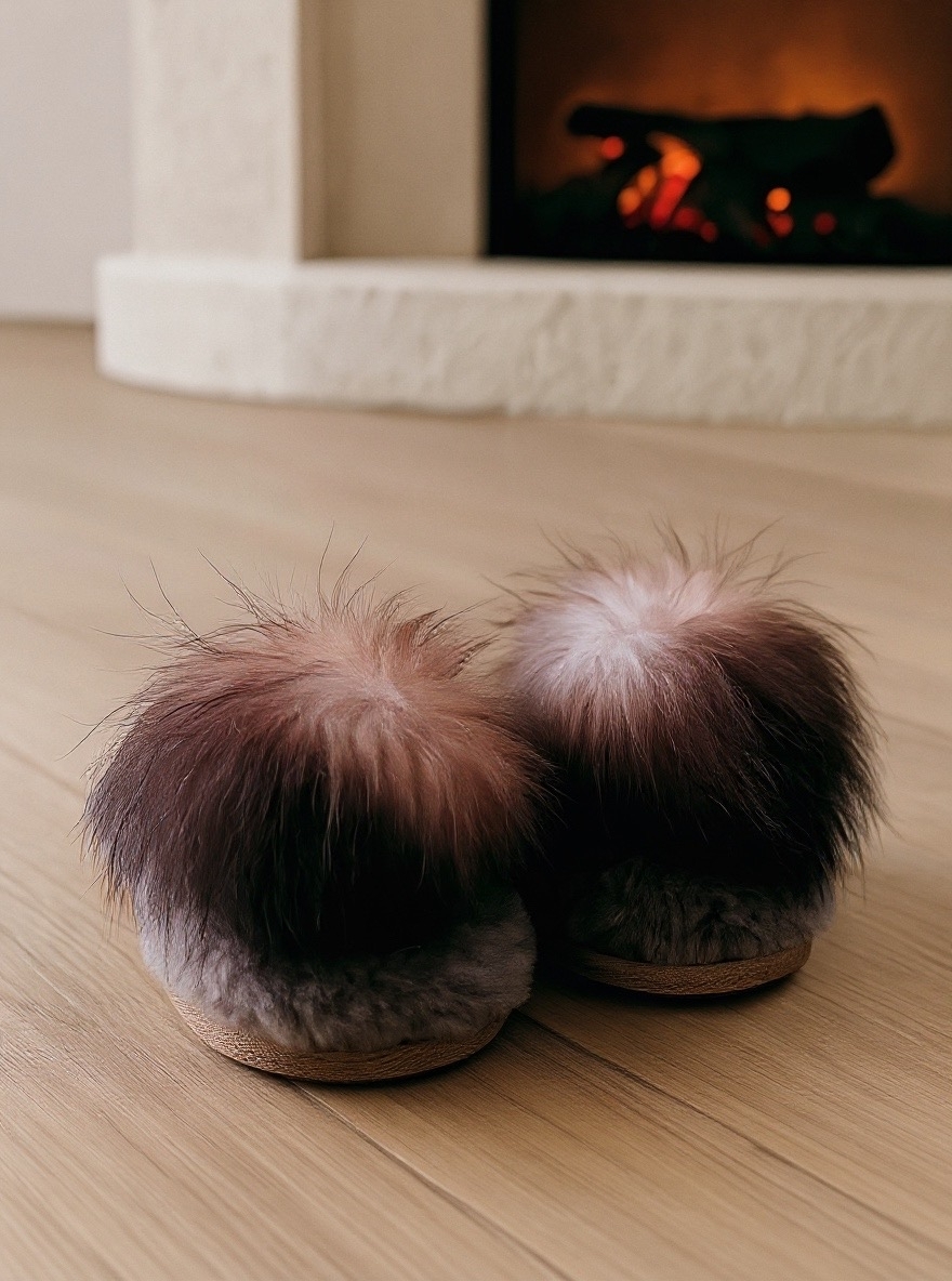 Тапочки из овчины с помпоном/закрытые/какао