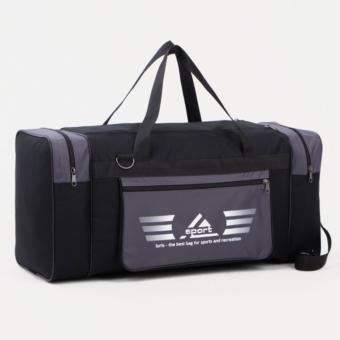 Сумка дорожная на молнии, 3 наружных кармана, длинный ремень, чёрная, серая