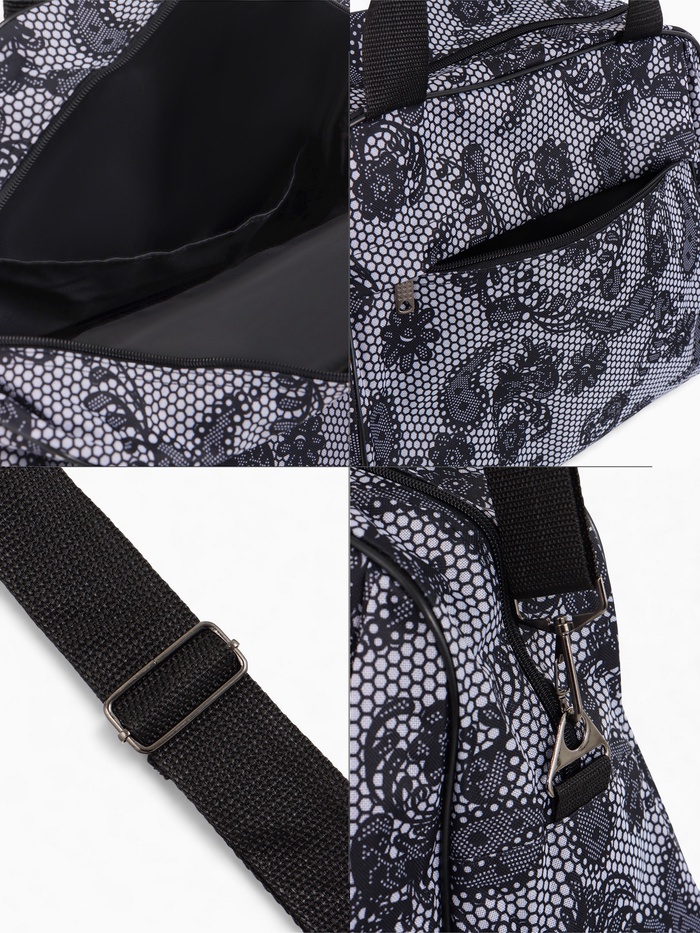 Сумка дорожная на молнии, 2 наружных кармана, длинный ремень, белый/чёрный