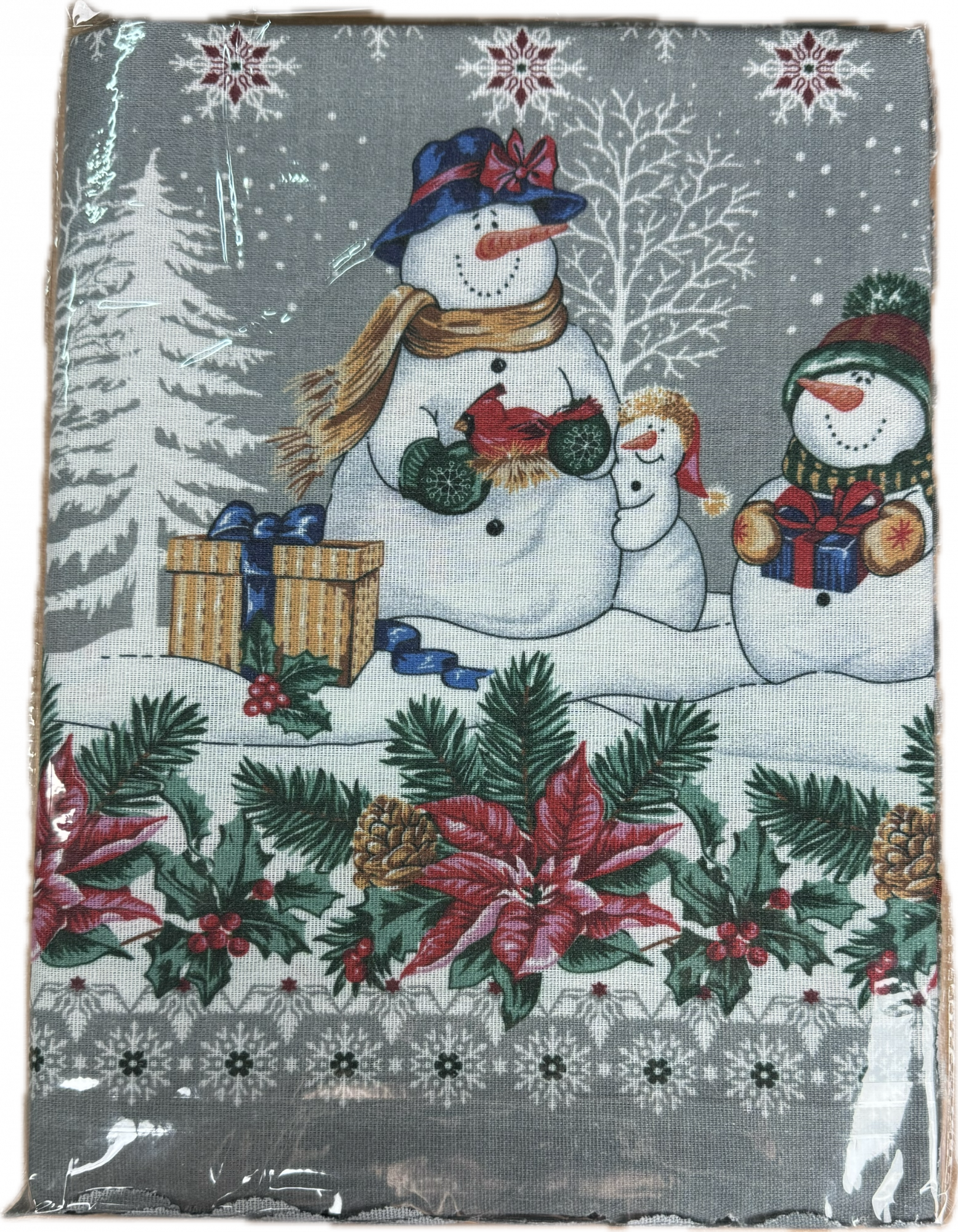 Скатерть льняная 1960 С НОВЫМ ГОДОМ СНЕГОВИЧКИ В ЛЕСУ - серый