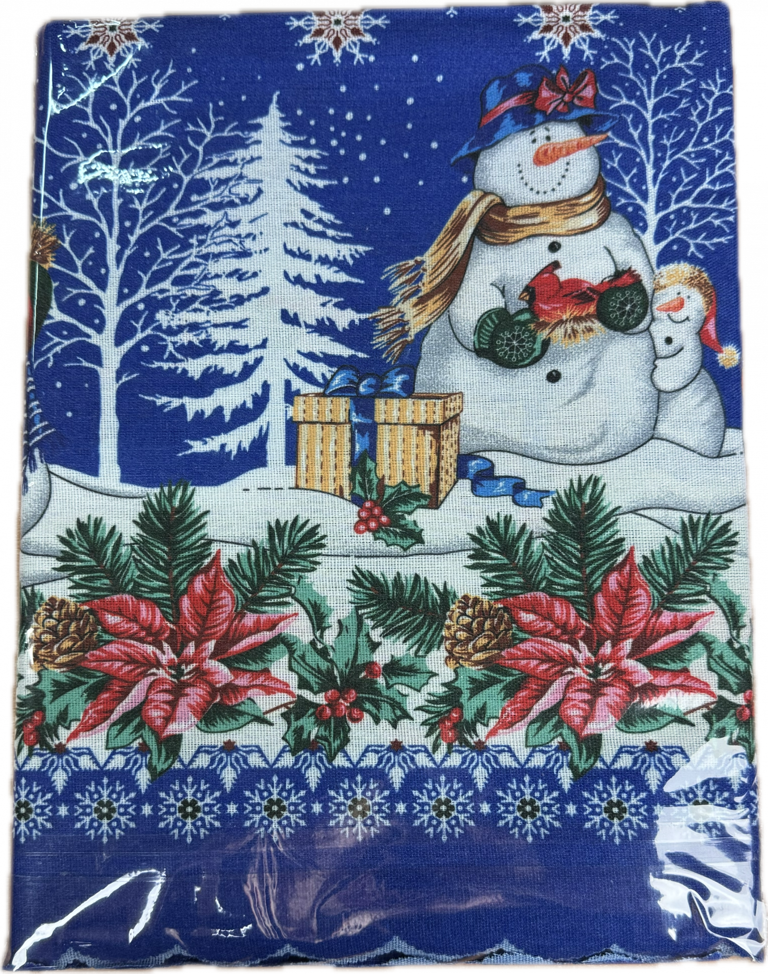 Скатерть льняная 1960 С НОВЫМ ГОДОМ СНЕГОВИЧКИ В ЛЕСУ - синий