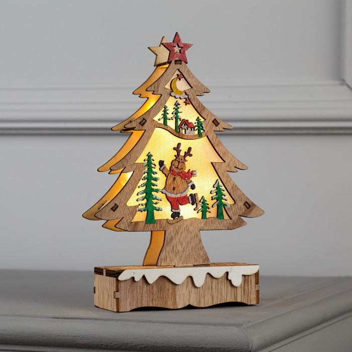 Светодиодная фигура «Ёлка с оленем» 12×20×5 см, дерево, батарейки АААх2 (не в комплекте), свечение тёплое белое