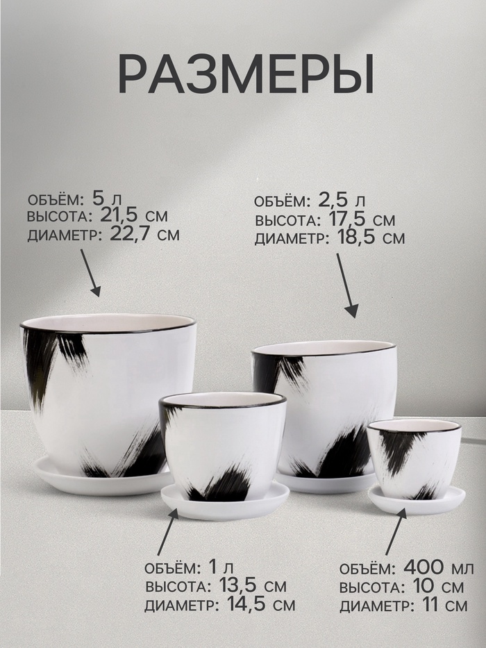 Горшок для цветов «Штрих», керамика, с поддоном, набор 4 шт.: 400 мл, 1 л, 2.5 л, 5 л