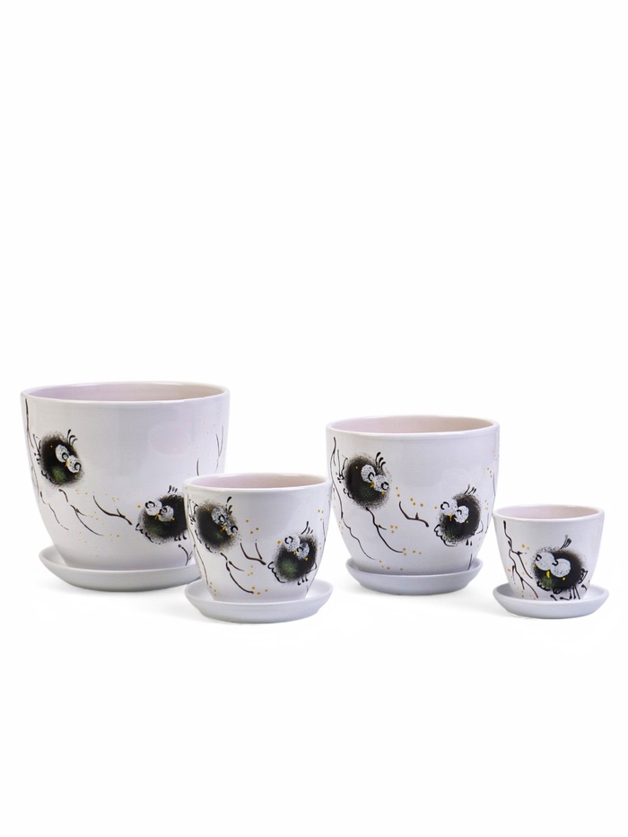 Горшок для цветов «Птички», керамика, с поддоном, набор 4 шт.: 400 мл, 1 л, 2.5 л, 5 л
